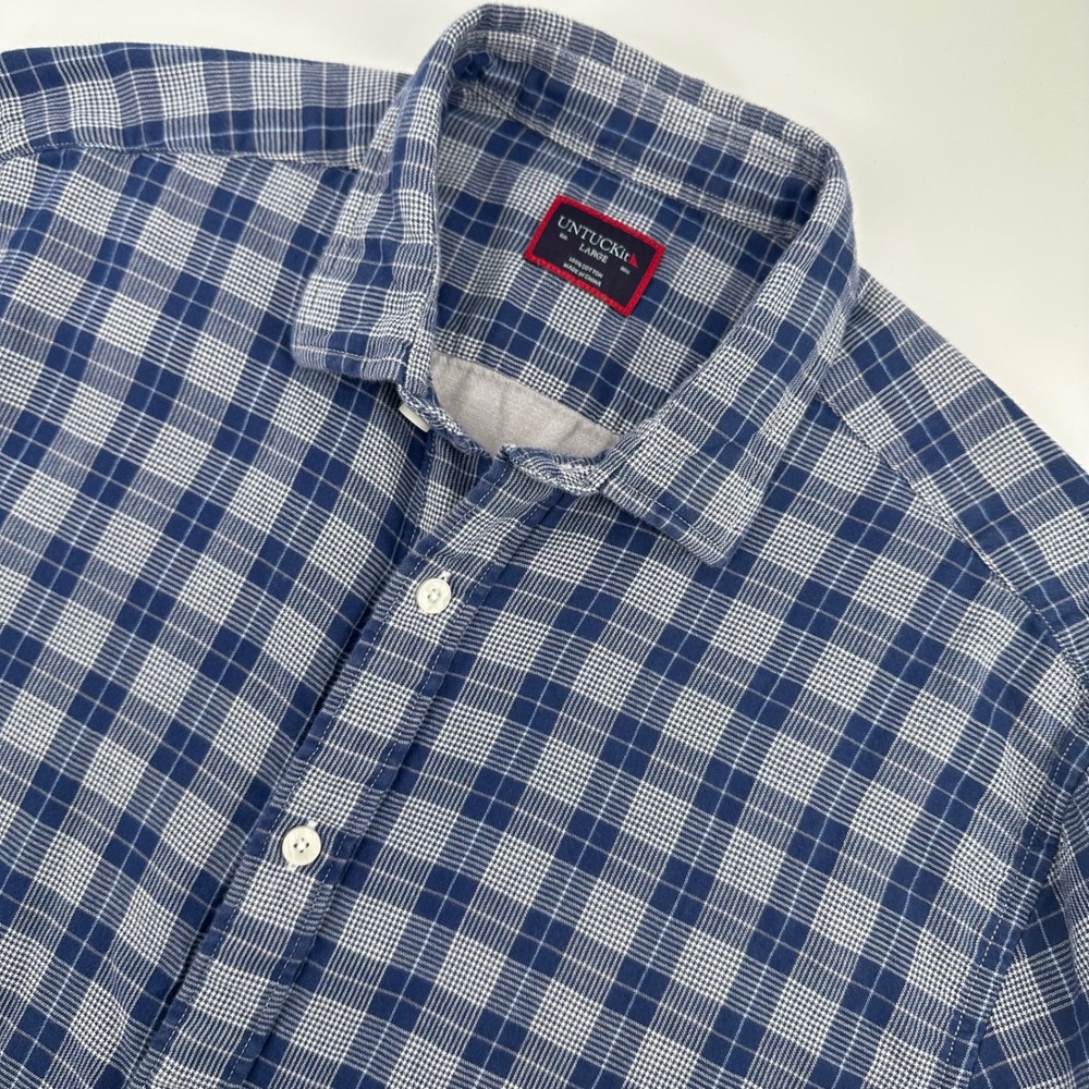 UNTUCKit Button Down Shirt Mens Large Navy Blue Zuccardi Plaid Short Sleeve